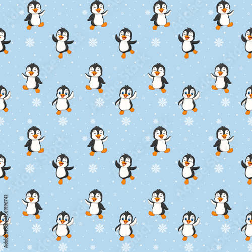 A cute cartoon penguin with a black and white face, orange beak and feet, and bright, round eyes. It has various poses such as standing, smiling, waving, jumping, and being cheerful, giving a