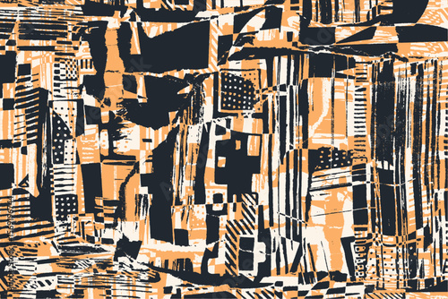 A chaotic abstract vector pattern with a digital glitch effect. Fragmented geometric shapes in black and orange create a dynamic, modern background.