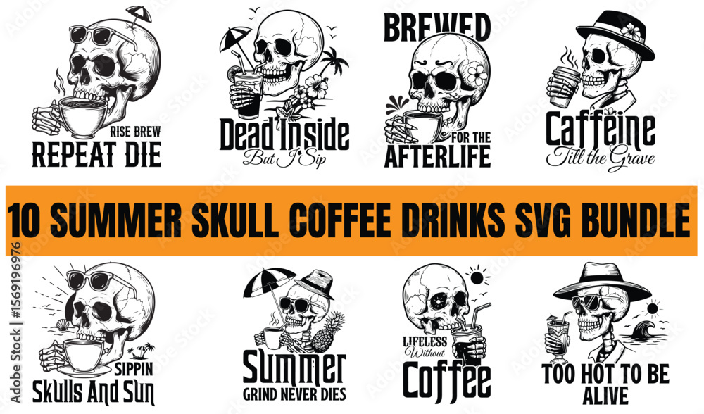 Fototapeta premium Summer skull coffee drinks svg bundle with humorous quotes and beachy designs