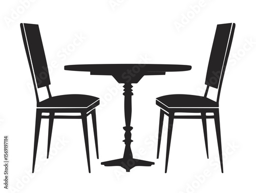 Chair And Table Set, Basic Home Furniture Black Silhouette Vector Illustration With Minimal Design Representing Dining Room, Kitchen, Or Interior Decor, Isolated On White Background