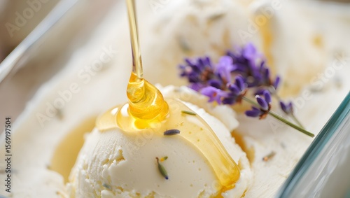 Creamy lavender ice cream drizzled with golden honey and garnished with fresh lavender sprigs