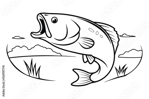 Leaping bass fish in black and white line art jumping fishing