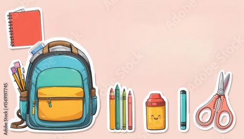Collection of school supplies including a backpack, notebook, crayons, sharpener, and scissors arranged neatly on a pink background representing education essentials.