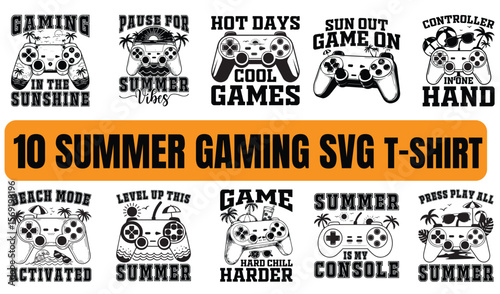 Ten summer gaming themed svg designs perfect for t-shirts featuring game controller graphics and vacation vibes