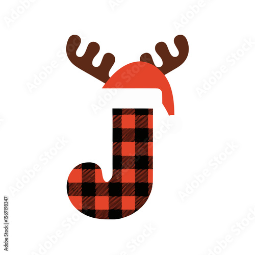 Christmas letter J with plaid, antlers, and Santa hat, Festive uppercase letter J decorated with a red plaid pattern, Santa hat, and cartoon antlers, perfect for Christmas crafts and holiday design 
