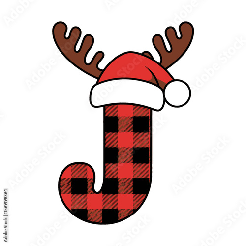 Christmas letter J with plaid, antlers, and Santa hat, Festive uppercase letter J decorated with a red plaid pattern, Santa hat, and cartoon antlers, perfect for Christmas crafts and holiday design 
