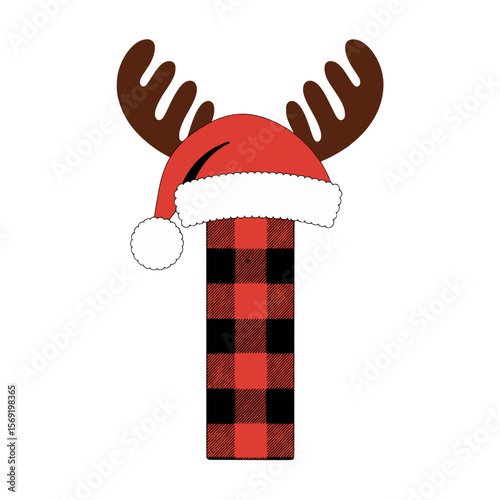 Christmas letter I with plaid, antlers, and Santa hat, Festive uppercase letter I decorated with a red plaid pattern, cartoon antlers, and Santa hat, perfect for holiday crafts and Christmas design 
