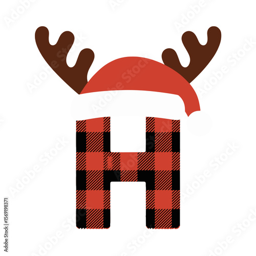 Christmas letter H with plaid, antlers, and Santa hat, Festive uppercase letter H decorated with a red plaid pattern, Santa hat, and cartoon antlers, perfect for holiday crafts and Christmas design 
