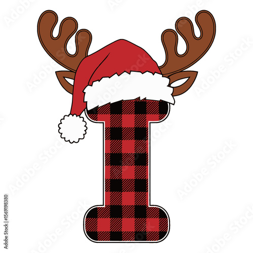 Christmas letter I with plaid, antlers, and Santa hat, Festive uppercase letter I decorated with a red plaid pattern, cartoon antlers, and Santa hat, perfect for holiday crafts and Christmas design 
