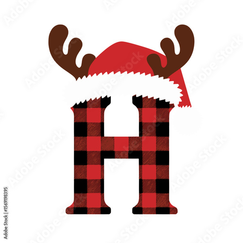 Christmas letter H with plaid, antlers, and Santa hat, Festive uppercase letter H decorated with a red plaid pattern, Santa hat, and cartoon antlers, perfect for holiday crafts and Christmas design 
