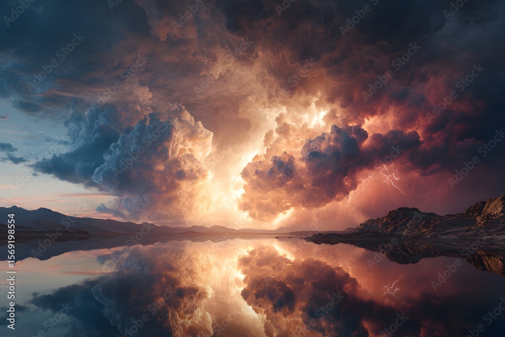 Fototapeta premium Serene Water Reflects Beautiful Sky Illumination