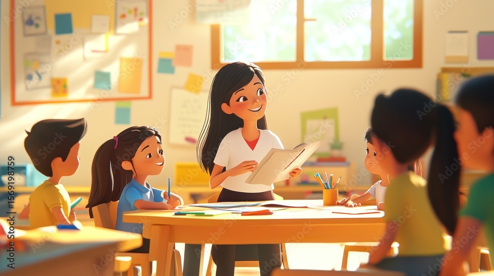 Fototapeta premium Smiling teacher instructs children in a bright classroom.