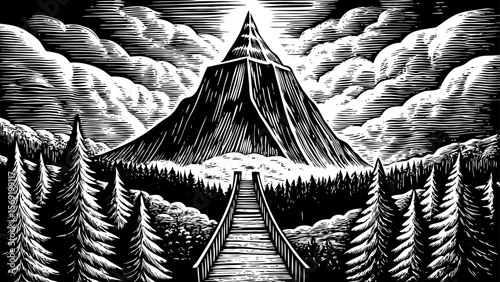 Norse inspired icy peak resembling the mythic realm of Asgard and Bifrost bridge rising from the mist vector a black and white line art illustration