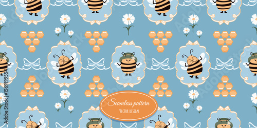 Vintage modern children's seamless drawing with funny bees, flowers, and bows. Flirty wallpaper with bows and frames. Vector design.