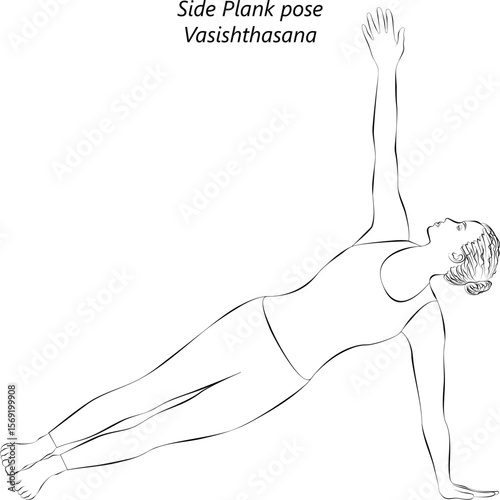 Sketch of young woman practicing Vasishthasana yoga pose. Side Plank yoga pose. Isolated vector illustration.