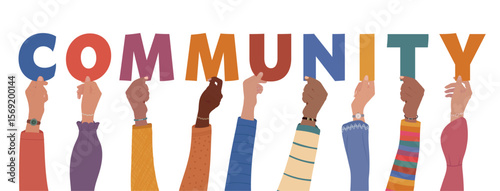 Diverse hands holding letters that form the word community symbol of unity and cooperation
