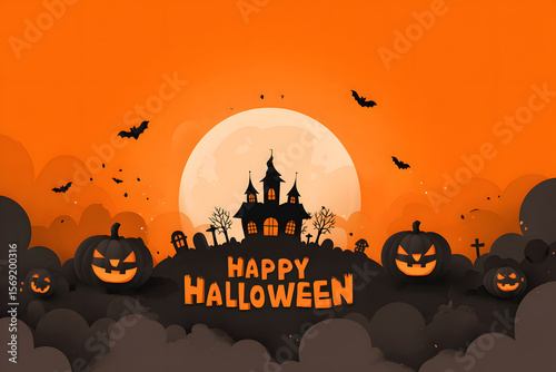 Halloween mockup with a blank greeting card, pumpkins, bats, and candy on white background.