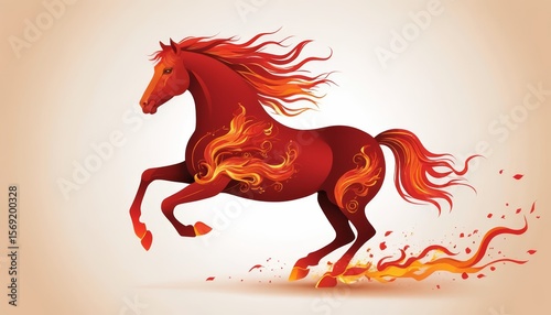 Fiery red horse with flames trailing behind, galloping energetically on neutral background symbolizing speed, power, and passion.