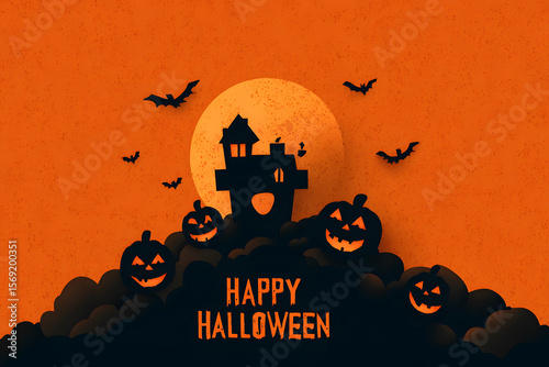Halloween mockup with a blank greeting card, pumpkins, bats, and candy on white background.