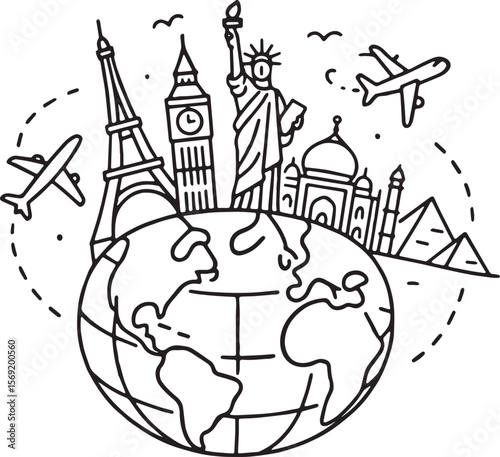 Playful travel doodles in line art or flat vector style featuring World Tourism Day, wanderlust, and vacation themes
