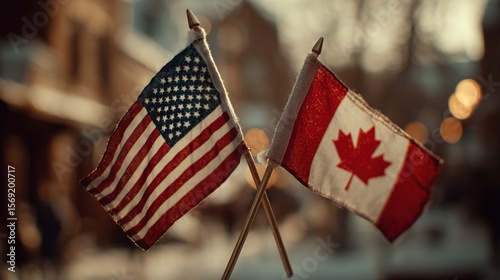 United States and Canada Flags Crossed, Symbolizing Trade Partnership and Market Agreement. International Relations and Economic Cooperation Concepts.