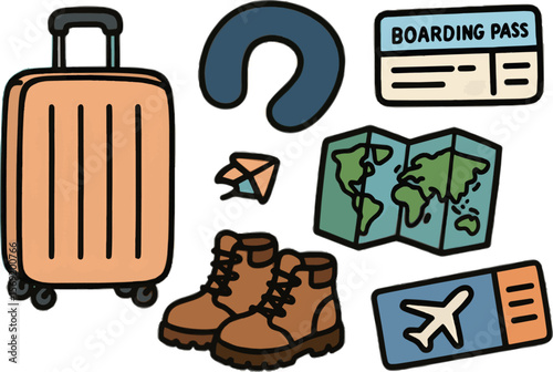 Playful travel doodles in line art or flat vector style featuring World Tourism Day, wanderlust, and vacation themes