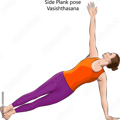 Young woman practicing Vasishthasana yoga pose. Side Plank yoga pose. Isolated vector illustration.