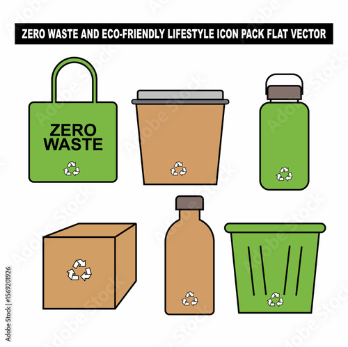 Zero Waste and Eco-Friendly Lifestyle Icon Pack Flat Vector