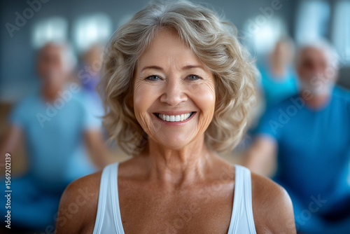 Elderly woman smiling directly at camera while engaging in yoga with others. Bright and serene studio atmosphere promotes relaxation and mindfulness. Concept of fitness, wellness, yoga practice Free Download Elderly woman smiling directly at camera while engaging in yoga with others. Bright and serene studio atmosphere promotes relaxation and mindfulness. Concept of fitness, wellness, yoga practice - GFXLoad