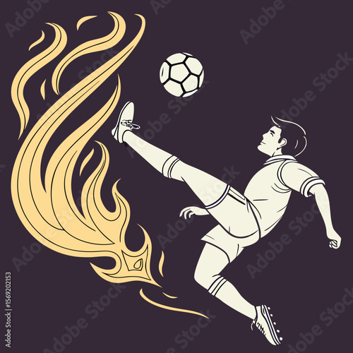 Soccer Player Kicking Fireball – Epic Sports Action Art, Supercharged Athlete Illustration, Dynamic Energy Shot, Fantasy Football Design, Extreme Soccer Power Moment