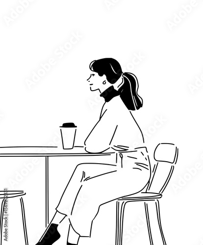 Woman enjoying a quiet moment alone in a coffee shop, simple black and white sketch.