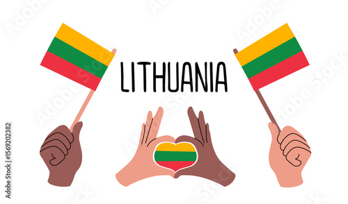 Lithuania flags. Diverse hands holding Lithuanian flags and forming a heart with Lithuania flag inside. Symbol of unity, patriotism and support. Vector Lithuania flags in flat modern style. 