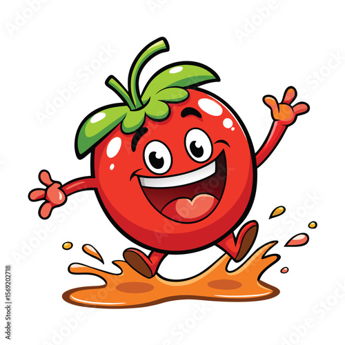 A laughing tomato is splashing into ketchup, symbolizing a fun, saucy mess and the making of a delicious condiment.