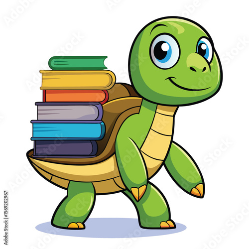 A cute cartoon turtle is carrying a library of books on its back, a symbol of knowledge, slow and steady progress, and wisdom.
