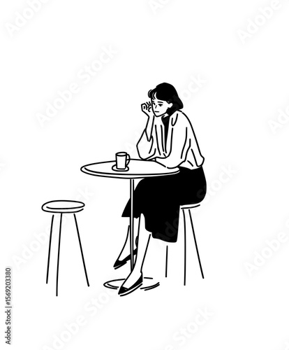 Young woman daydreaming over a cup of coffee, simple black and white lifestyle sketch.