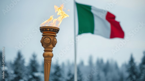 Olympic golden torch glowing against blurred Italian flag, illuminating snowy winter mountainscape