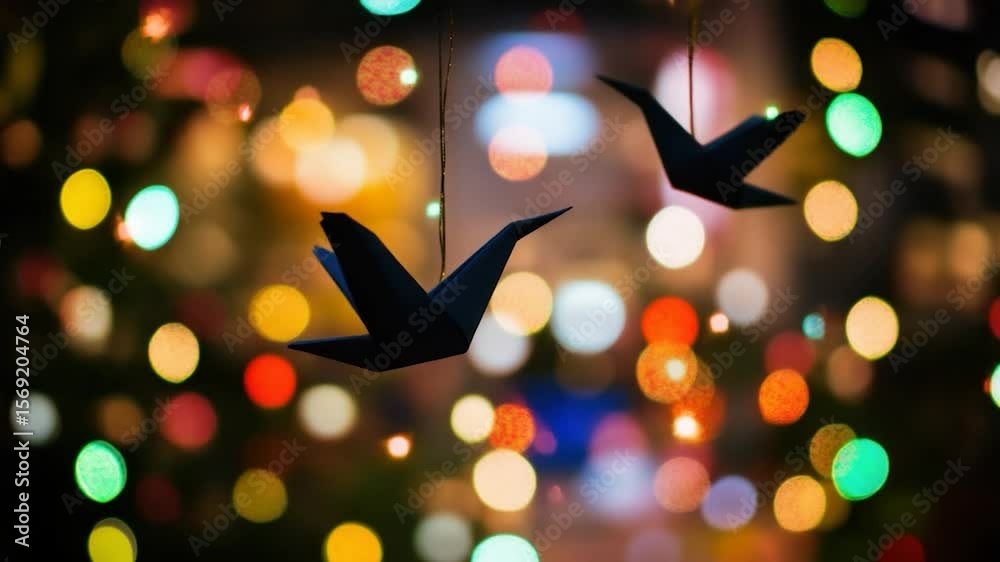 Black origami cranes hanging against a background of blurred city lights