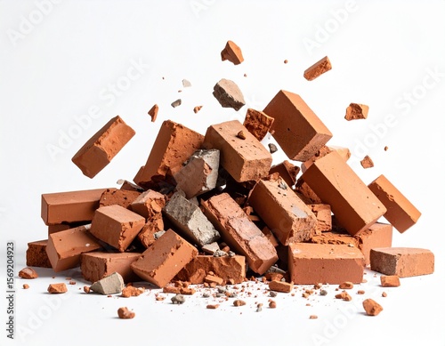 Exploding Red Bricks Pile Destruction Demolition Concept.