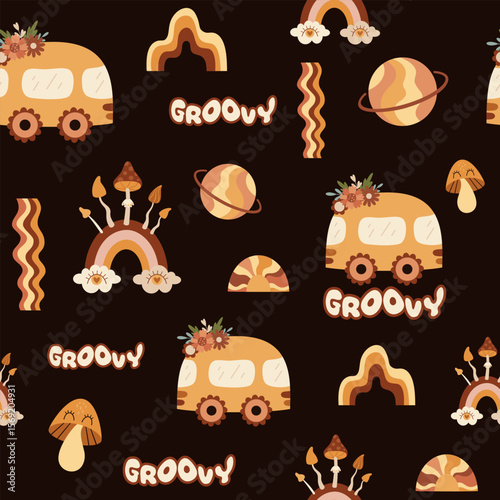 Retro seamless pattern with groovy car, rainbows and mushrooms. 60s, 70s vibe, hippie, vintage background