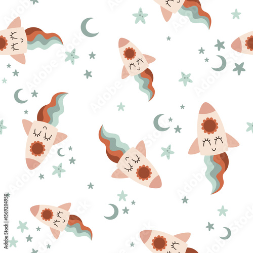 Space seamless pattern with groovy rocket, moon and stars. Cosmic background. 60s, 70s vibe, retro vector illustration