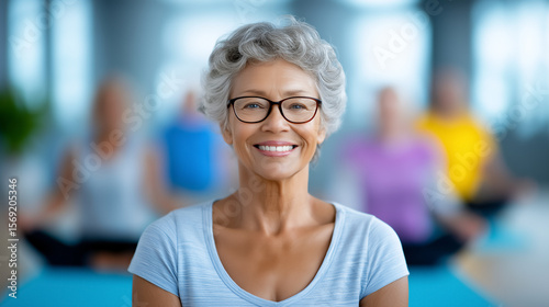 Senior woman looking at camera while practicing yoga with a smile. Bright studio setting with soft natural light and other participants in the background. Concept of wellness, fitness, health Free Download Senior woman looking at camera while practicing yoga with a smile. Bright studio setting with soft natural light and other participants in the background. Concept of wellness, fitness, health - GFXLoad
