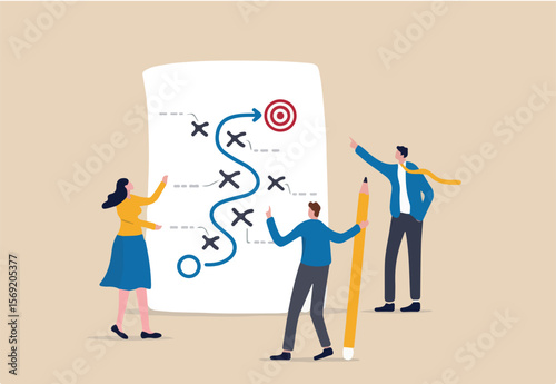 Strategic planning, plan to overcome difficulty or obstacle to reach goal or target, team brainstorm or competitor analysis, business success concept, business team planning for success tactic chart