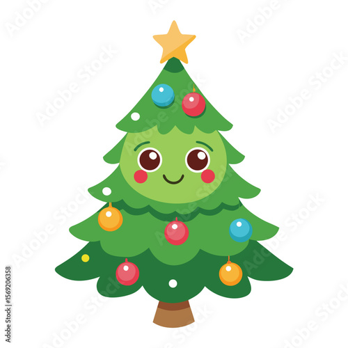 A happy Christmas tree with colorful ornaments and smiling eyes, a symbol of the holiday season, festive cheer, and joy.
