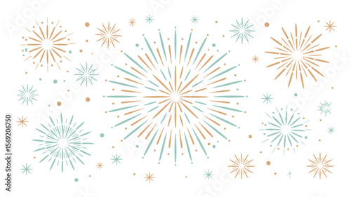New Year Fireworks Vector Collection – White Background with Gold, Green, and Grey Fireworks – Ideal for Holiday Wallpaper, Cards, Banners, Posters, Decoration, and Print Projects

