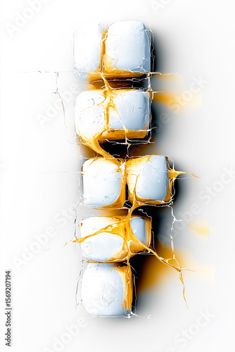 An abstract minimalist composition of stacked white cubes and a dynamic yellow liquid splash on a white background.