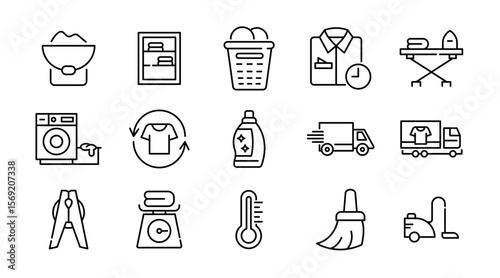 Laundry linear icon set. Wash, cleaning, service, dirty shirt, hand washing, machine, dryer, housework, dirty, washing machine, shirt, iron, hanger, clothes, vector icon set. UI thin line icon pack