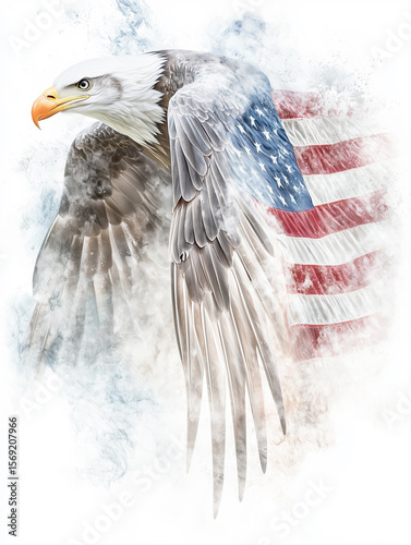 A patriotic composite image of a majestic bald eagle in flight with the American flag dissolving from its wing.