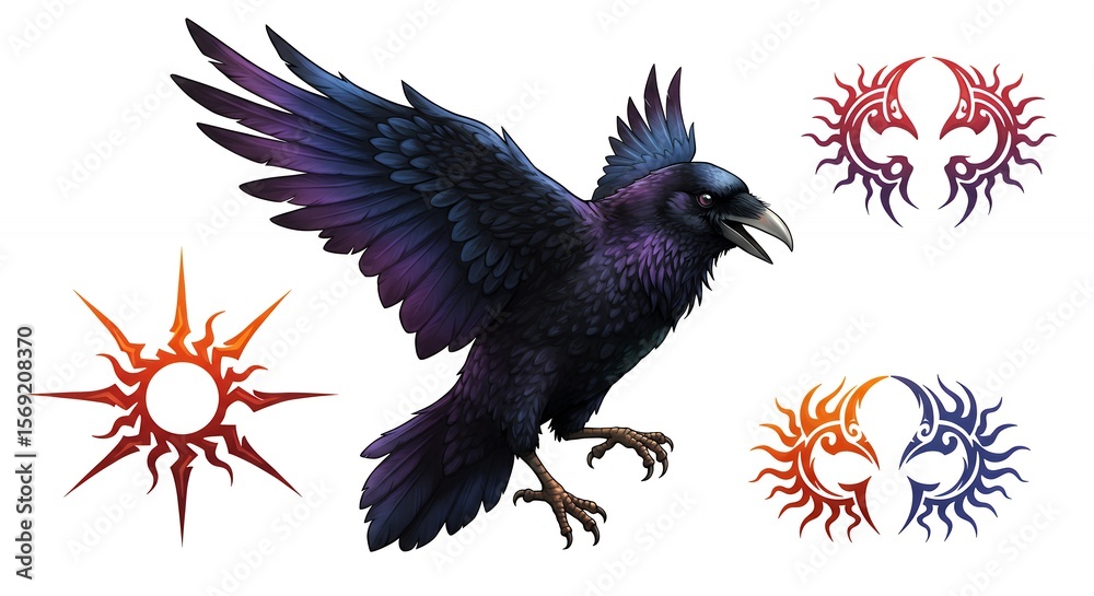 Fototapeta premium Flying crow with tribal symbols