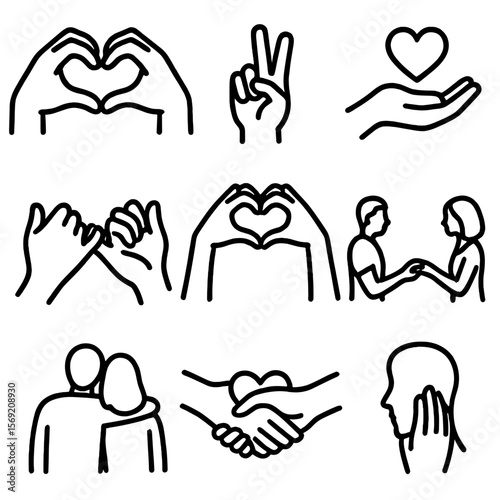 Hand Gesture Icons. Outline style icons of Heart Hands and Gestures Silhouette: heart formed by fingers, peace and love symbol,