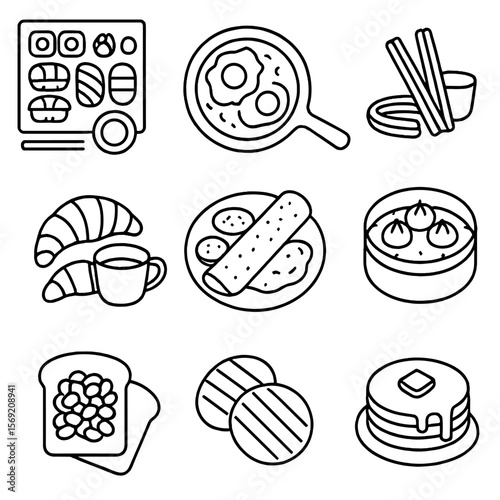 Global Breakfast Delights. Outline style icons of Global Breakfast Foods: sushi breakfast set (Japan), shakshuka pan (Middle East)